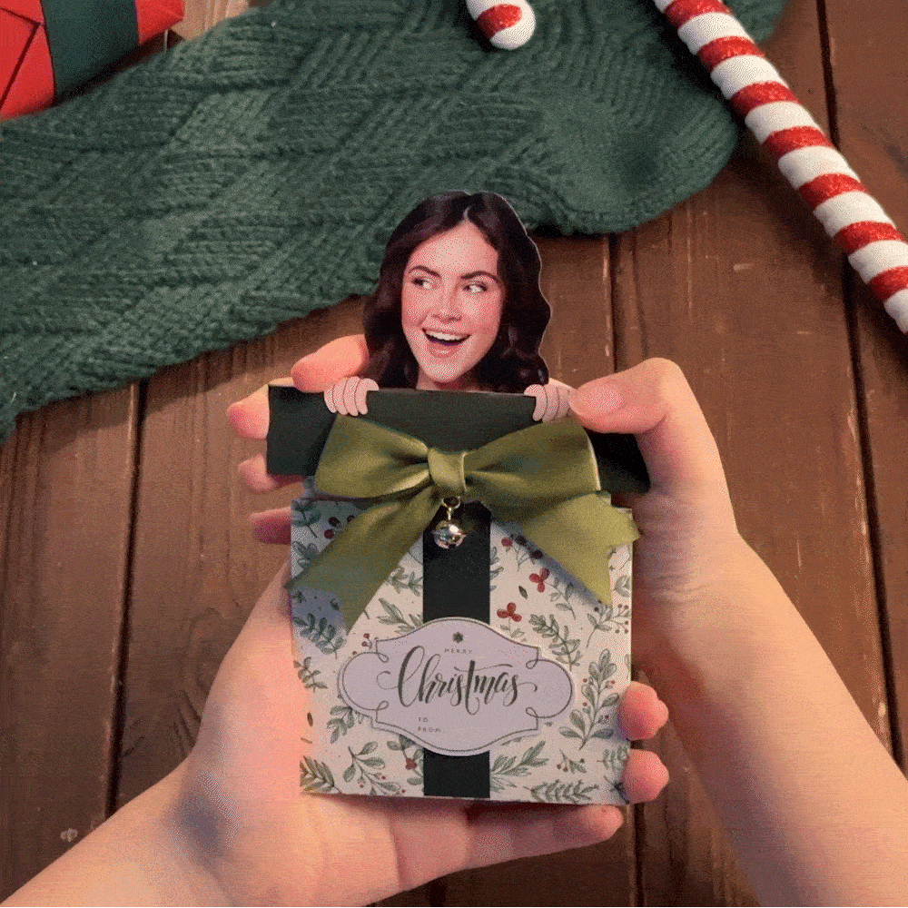 Personalised Big Head Cutout Pull Out Bell Christmas Box Shaped Gift Card Money Holder with Pen Fun Photo Greeting Card Party Gift for Family Friend