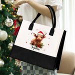 Personalisierte Santa Hut Hochland Kuh Stechpalme Schneeflocke große Canvas Tragetasche mit Namen und wasserdicht Liner Geburtstag Weihnachten Geschen