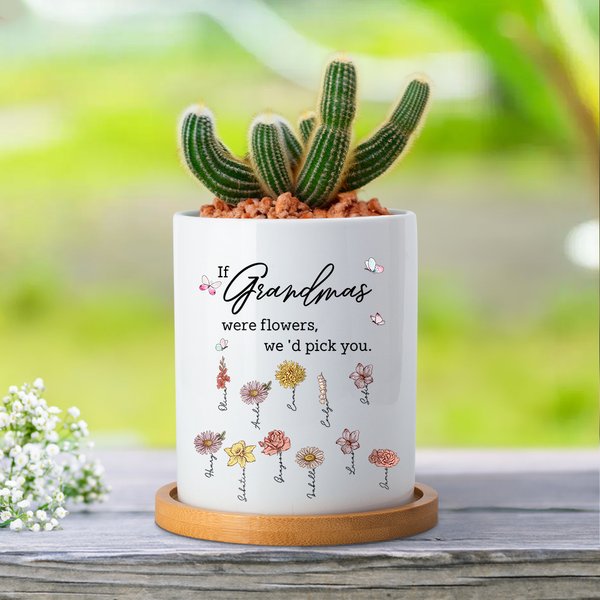 Personalised 1-16 Watercolour Birth Flowers Ceramic Plant Pot with Bamboo Base and Drainage Hole Mother's Day Birthday Gift for Mom Grandma