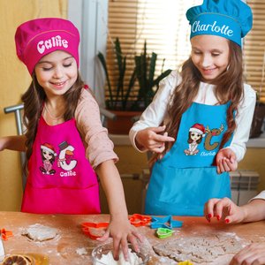 Tablier Réglable Personnalisé avec Nom et Personnage Thème de Noël Chapeau de Cuisine Inclus Cadeau pour les Garçons et les Filles