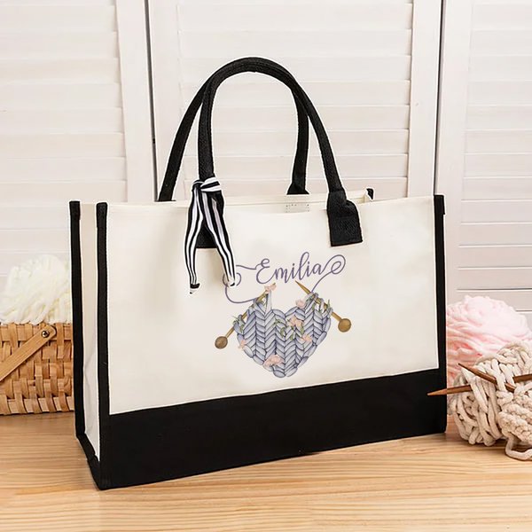 Personalized Heart Crochet Knitting Theme Canvas Tote Bag  with Name Waterproof Liner Birthday Gift for Sewing Lovers