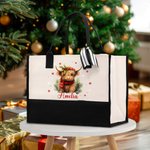 Personalisierte Santa Hut Hochland Kuh Stechpalme Schneeflocke große Canvas Tragetasche mit Namen und wasserdicht Liner Geburtstag Weihnachten Geschen