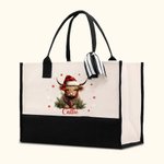 Personalisierte Santa Hut Hochland Kuh Stechpalme Schneeflocke große Canvas Tragetasche mit Namen und wasserdicht Liner Geburtstag Weihnachten Geschen