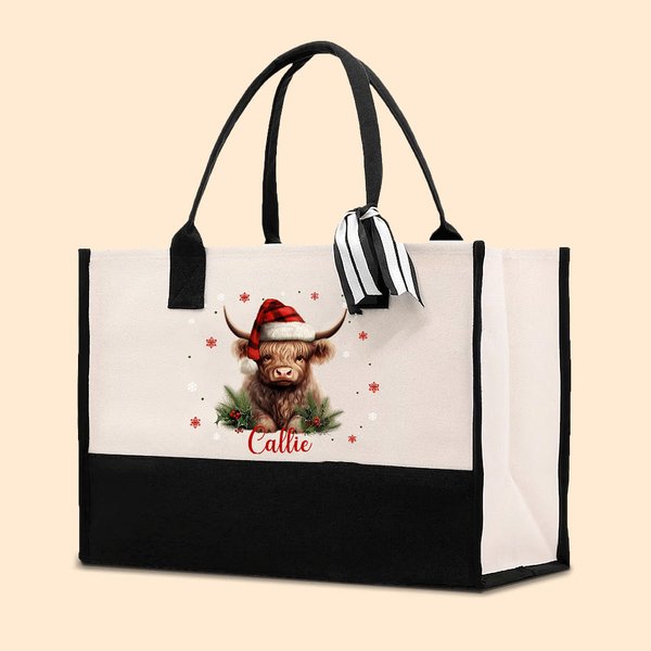 Personalisierte Santa Hut Hochland Kuh Stechpalme Schneeflocke große Canvas Tragetasche mit Namen und wasserdicht Liner Geburtstag Weihnachten Geschen