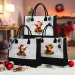 Personalisierte Santa Hut Hochland Kuh Stechpalme Schneeflocke große Canvas Tragetasche mit Namen und wasserdicht Liner Geburtstag Weihnachten Geschen