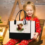 Personalisierte Santa Hut Hochland Kuh Stechpalme Schneeflocke große Canvas Tragetasche mit Namen und wasserdicht Liner Geburtstag Weihnachten Geschen