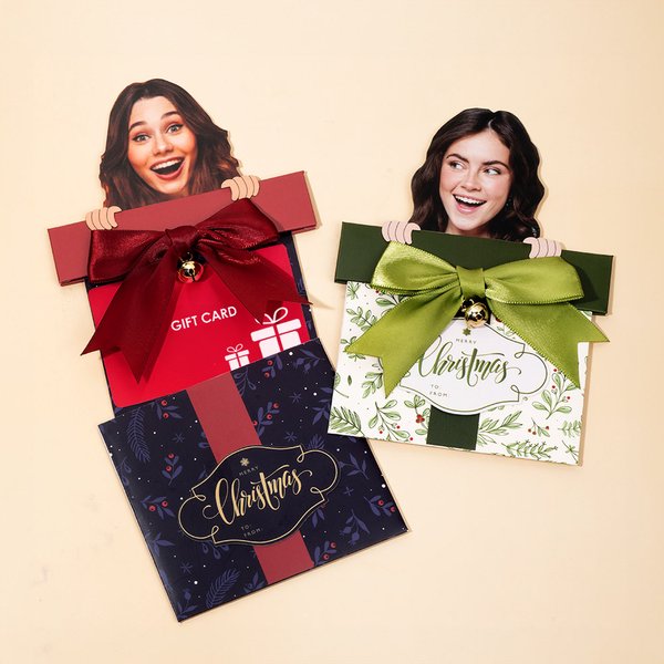 Personalized Big Head Cutout Pull Out Bell Christmas Box Shaped Gift Card Money Holder with Pen Fun Photo Greeting Card Party Gift for Family Friend