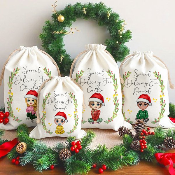 Gepersonaliseerde Maretak Speciale Levering voor Cartoon Karakter Trekkoord Canvas Zak met Naam Kerstcadeau voor Kid Volwassene