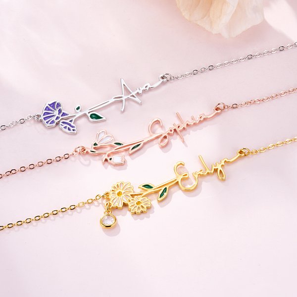 Personalized Dainty Enamel Birth Flower Name Necklace with Birthstone Birthday Anniversary Gift for Women Girls