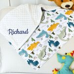 Personalized Cute Dinosaur Soft Baby Security Blanket with Dotted Backing and Embroidery Name Baby Shower Birthday Gift for Boys Girls