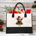 Personalisierte Santa Hut Hochland Kuh Stechpalme Schneeflocke große Canvas Tragetasche mit Namen und wasserdicht Liner Geburtstag Weihnachten Geschen
