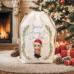 Gepersonaliseerde Maretak Speciale Levering voor Cartoon Karakter Trekkoord Canvas Zak met Naam Kerstcadeau voor Kid Volwassene