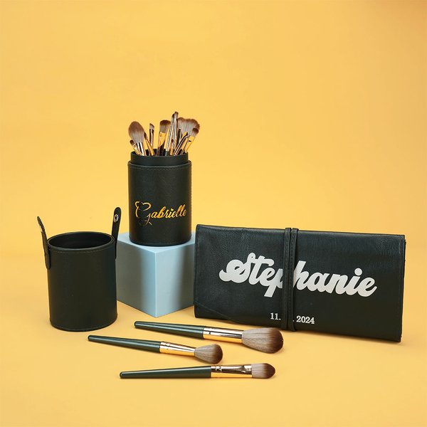 Personalizzato in pelle nome pennello trucco Pouch Barrel con 14 pezzi pennelli trucco regalo di compleanno per le donne