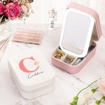 Personalized Classic Fairy Tale Character Leather Jewelry Box with Name Initial Changing Color LED Makeup Mirror Birthday Wedding Gift for Women