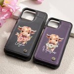 Personalisierte Geburt Blume Hochland Kuh PU Leder Flip Wallet Handyhülle für iPhone mit Namen RFID-Blockierung Karteninhaber Geburtstag Geschenk für Frauen