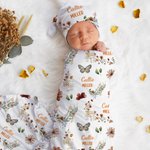 Personlig Bohemian Wildflower Butterfly Name Soft Swaddle Blanket and Hat Set Baby Shower Baptism Gift for Newborn