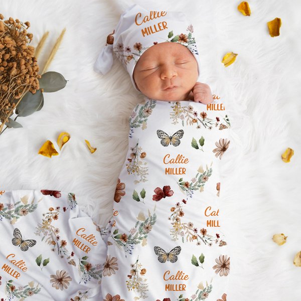 Personlig Bohemian Wildflower Butterfly Name Soft Swaddle Blanket and Hat Set Baby Shower Baptism Gift for Newborn