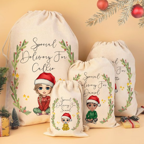 Personalizzato personaggio dei cartoni animati consegna speciale Natale Sacco coulisse trattare borsa con nome regalo di Natale festa favore per i bambini