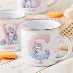 Personlig Fantasy Unicorn 11oz emaljekrus med navn og initialer Bursdagsgave til jenter på barnas dag