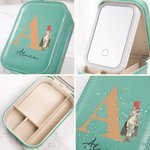 Personalized Classic Fairy Tale Character Leather Jewelry Box with Name Initial Changing Color LED Makeup Mirror Birthday Wedding Gift for Women