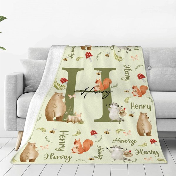 Personalised Cute Raccoon Bear Woodland Animal Initial Soft Throw Blanket Home Decor Birthday Baby Shower Gift for Kids