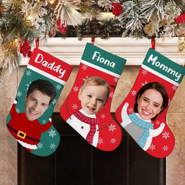 Personalised Cute Snowflake Snowman Christmas Stocking with Photo Name Christmas Tree Decor Gift for Family Friends