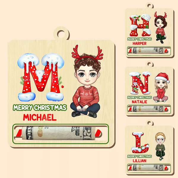 Personalized Cartoon Character Wooden Initial Money Holder Christmas Ornament with Name Christmas Tree Hanging Decor Gift for Family