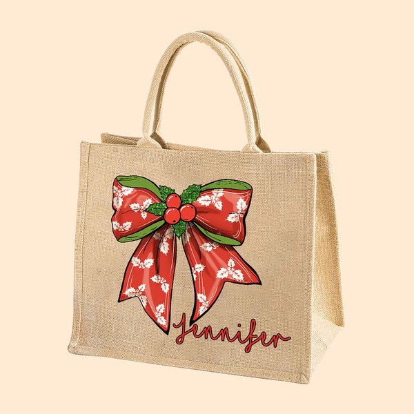 Personalisierte Weihnachten Stechpalmen karierte Schleife wiederverwendbare große Jutetasche mit Namen Tote Bag Weihnachtsfest Geschenk für Familie