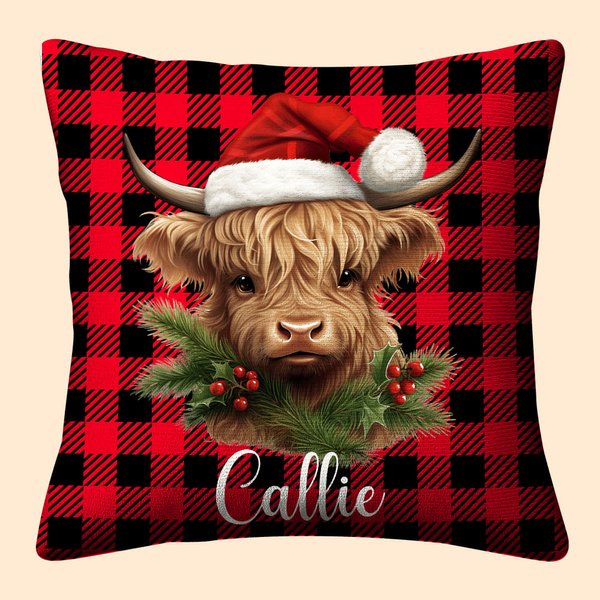 Personalisierte Holly Santa Hut Hochland Kuh bunt karierten Kissenbezug mit Namen Home Decor Geburtstag Weihnachten Geschenk für Hochland Kuh Liebhabe