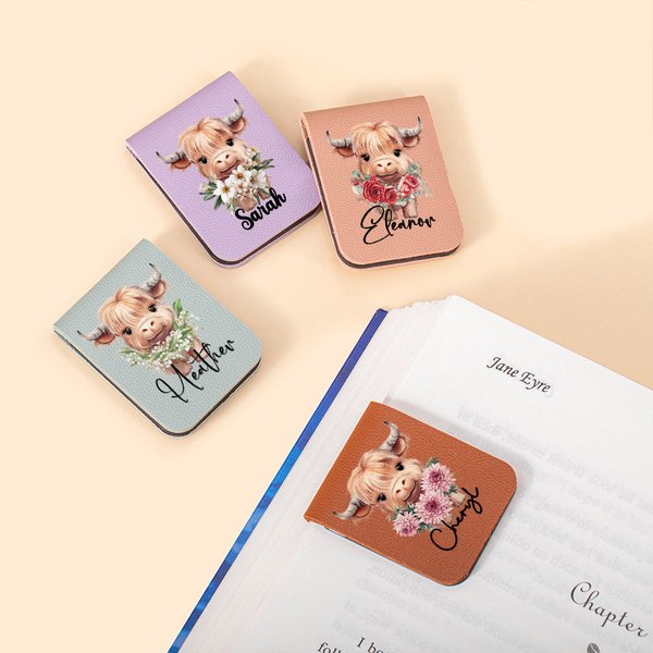 Personalisierte Hochlandkuh Geburt Blume magnetische Leder Lesezeichen Clip mit Namen Geburtstag Geschenk für Hochlandkuh-Liebhaber