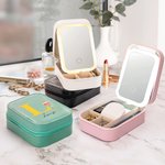Personalized Classic Fairy Tale Character Leather Jewelry Box with Name Initial Changing Color LED Makeup Mirror Birthday Wedding Gift for Women