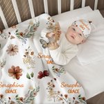 Personlig Bohemian Wildflower Butterfly Name Soft Swaddle Blanket and Hat Set Baby Shower Baptism Gift for Newborn