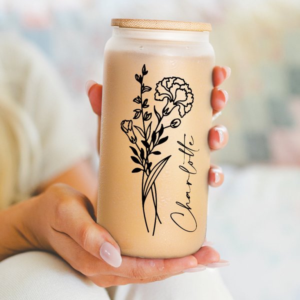 Personalizowany szklany kubek Birth Flower 20oz Frosted Tumbler z bambusową pokrywką i słomką Urodzinowy prezent ślubny dla kobiet