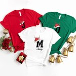 Gepersonaliseerd rendier kerstmuts initiaal 100% katoen bijpassende baby romper Kid Adult T-shirt met naam Kerstfeest cadeau voor familie
