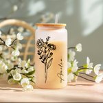 Personalizowany szklany kubek Birth Flower 20oz Frosted Tumbler z bambusową pokrywką i słomką Urodzinowy prezent ślubny dla kobiet