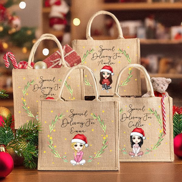 Guirnalda de acebo personalizada Personaje de dibujos animados Entrega especial Bolsa de yute grande reutilizable con nombre Cumpleaños Regalo de Navidad para la familia Niños