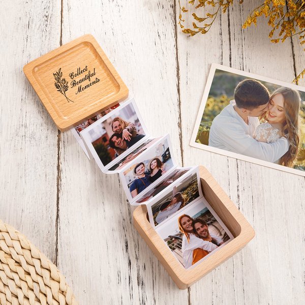 Gepersonaliseerde Floral Text Houten Pull Out Geheugen Collectie Fotodoos met 2-14 Accordeon foto's Verjaardag Verjaardag Bewaarcadeau voor familie Vr