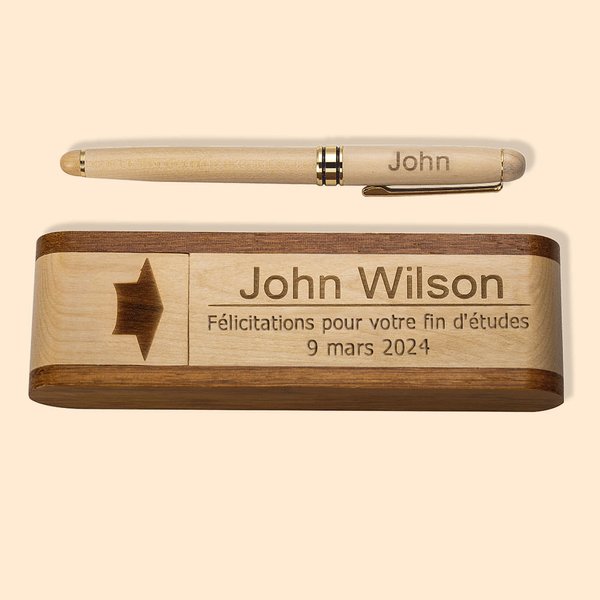 Set Stylo à Bille et Étui en Bois Naturel Personnalisé avec Texte et Nom Gravés 6 Styles à Choix Cadeau Anniversaire Fin d'Études pour Ami Professeur