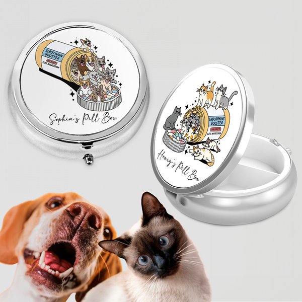 Personalised Dog Cat Medicine Bottle Round Mini Portable Pill Box with Name and Mirror Birthday Gift for Pet Lovers