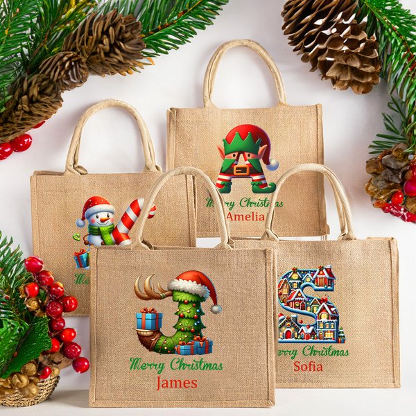Personalisierte Elf Haus Baum Schneemann Jute Tasche mit Initiale und Namen Wiederverwendbares Tote Bag  Geburtstag Weihnachten Geschenk für Familie