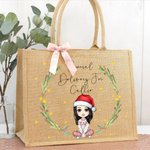 Personalized Holly Wreath Cartoon Character Special Delivery Reusable Large Jute Tote Bag with Name Birthday Christmas Gift for Family Kids