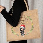 Personalized Holly Wreath Cartoon Character Special Delivery Reusable Large Jute Tote Bag with Name Birthday Christmas Gift for Family Kids