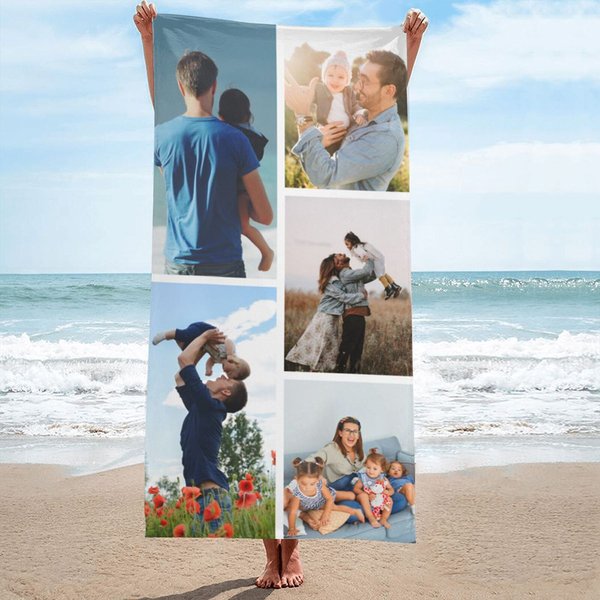 Gepersonaliseerde Sneldrogend 1-6 Fotocollage Strandhanddoek Strand Zomerreizen Feestbenodigdheden Verjaardagscadeau voor Familie en Vrienden