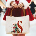 Personalizada de dibujos animados Árbol de Navidad Bolsa de lona grande con la inicial y el nombre de Navidad Cumpleaños de regalo para las mujeres