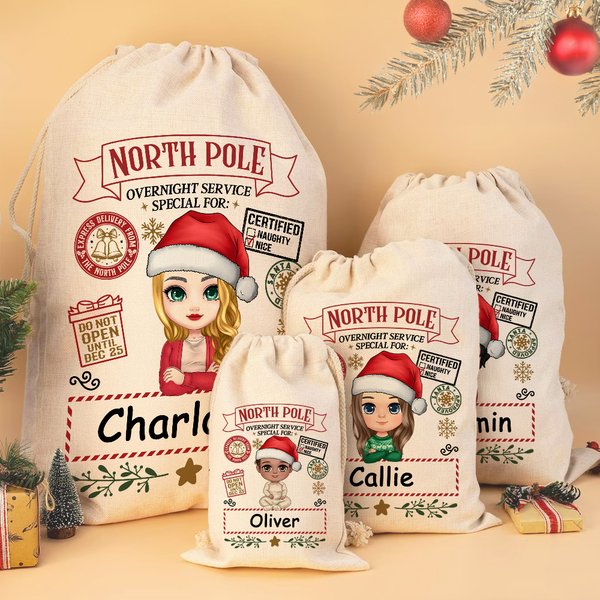 Personalisierte North Pole Special Overnight Service Cartoon Drawstring Santa Sack Weihnachten Geschenk Tasche mit Namen Urlaub Party Favors für Kinder Familie