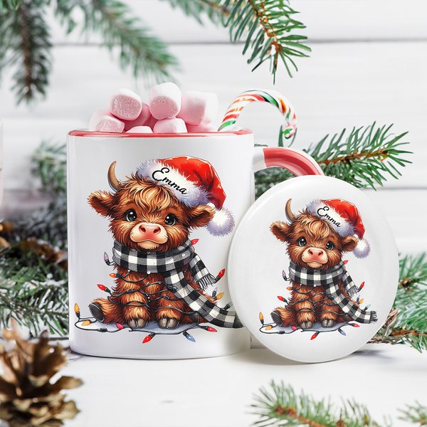 Personalisierte Hochlandkuh Weihnachtsmütze 11oz Keramikbecher Untersetzer mit Namen Weihnachtsgeschenk für Hochlandkuh-Liebhaber