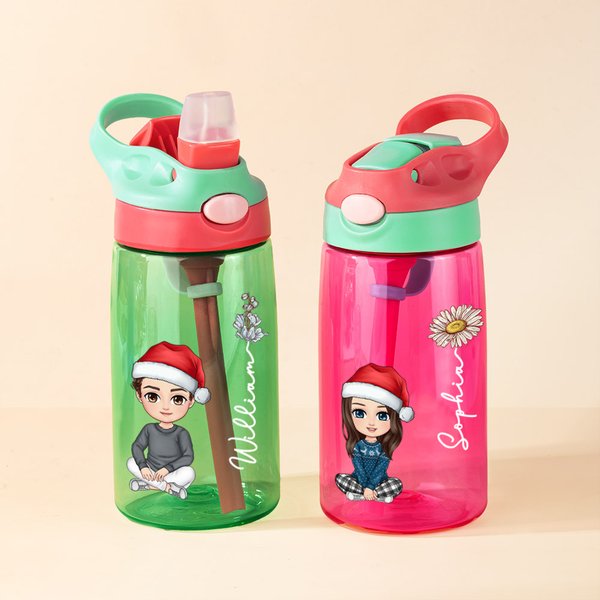 Personalizado lindo personaje de dibujos animados 16 oz botella de agua con la flor de nacimiento y el nombre de Cumpleaños de regalo para los niños