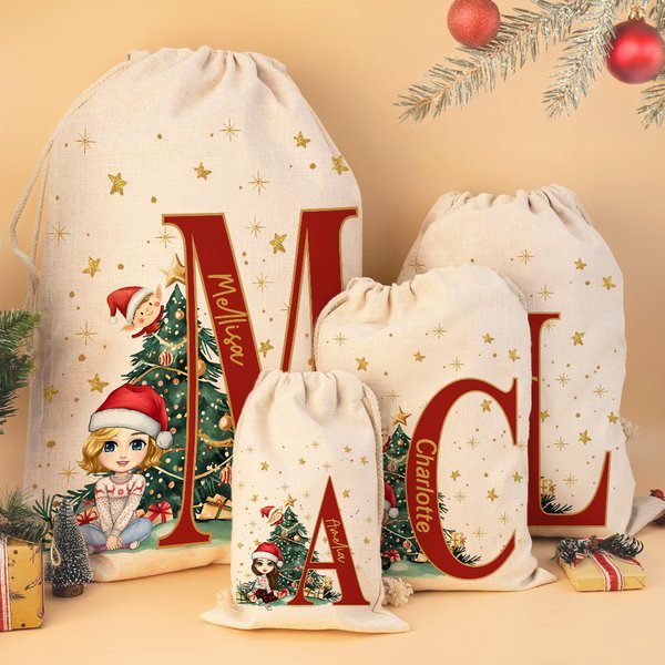 Personalisierte Cartoon-Charakter Weihnachten Drawstring Geschenk Tasche mit Initiale und Name Weihnachtsgeschenk für Familie Kinder