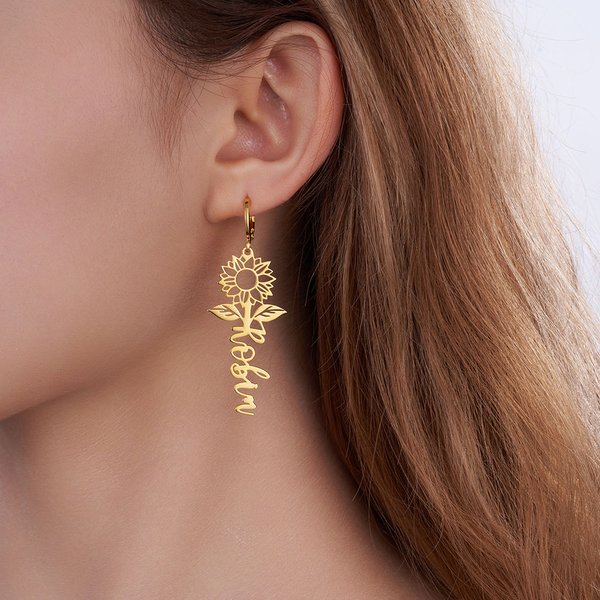 Gepersonaliseerde sierlijke holle zonnebloem bengelen oorbellen met naam Minimalistische sieraden verjaardag verjaardagscadeau voor vrouwen meisjes
