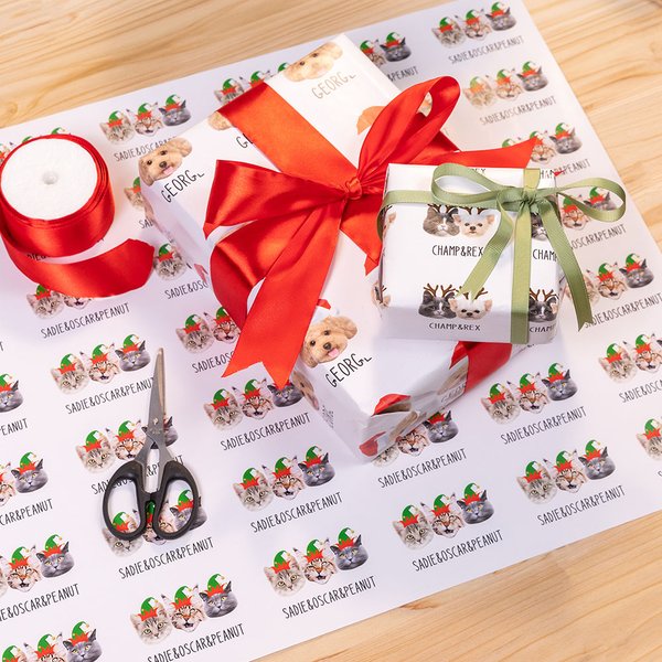 Personalizado Elf Reno Sombrero de Papá Noel Gato Perro Cara Foto Regalo de Navidad Papel de regalo con nombre Fiesta de Navidad Decoración Favores pa
